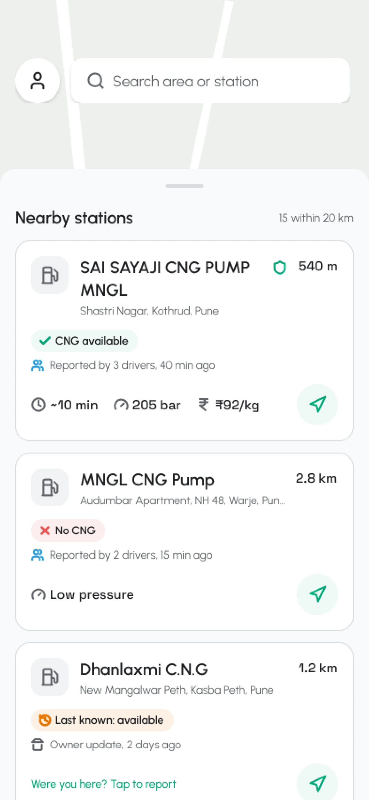 Nearby stations list with CNG status, wait time, pressure and price for each station